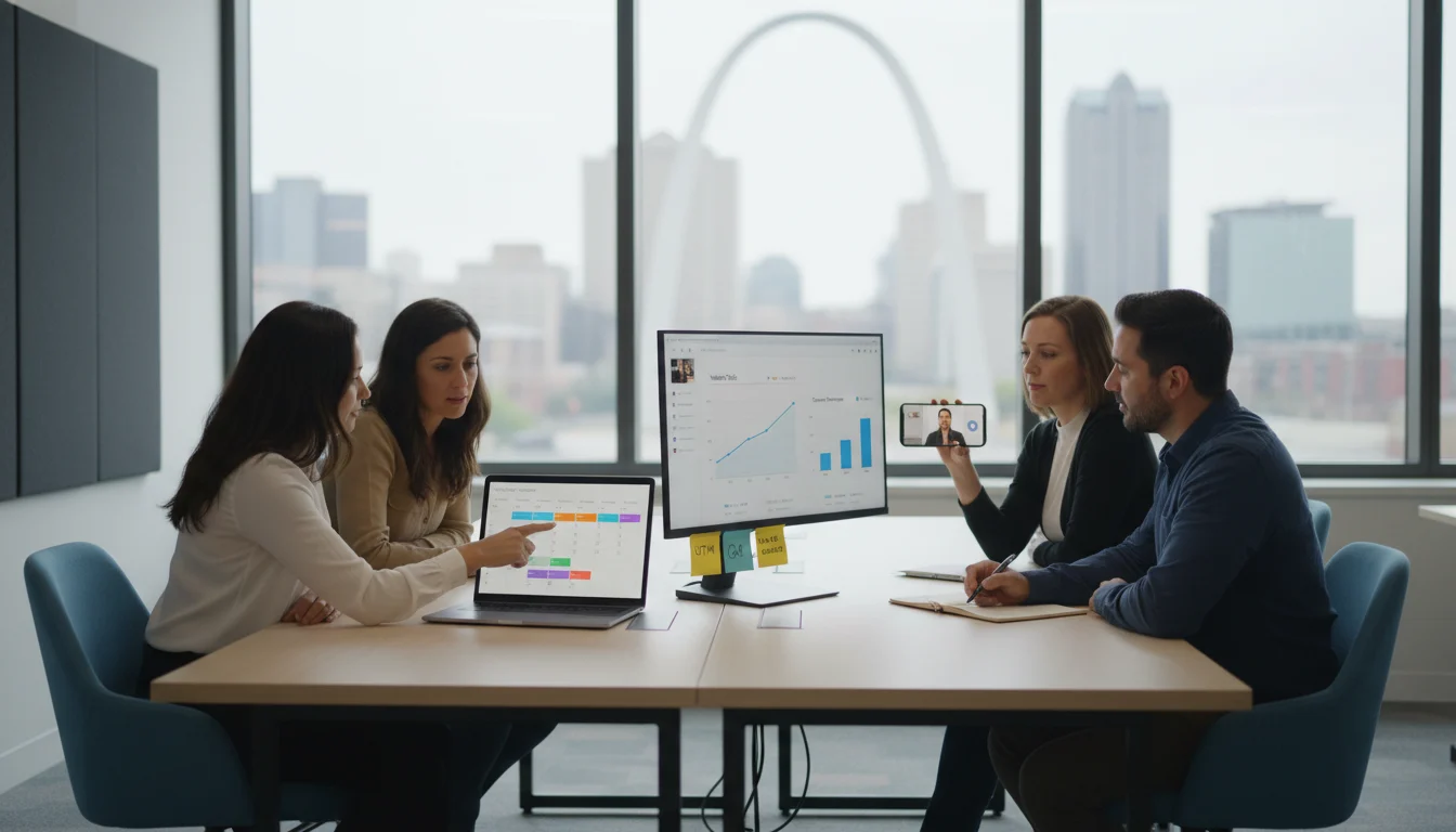 Agency workflow collaboration with the St Louis Arch in the background
