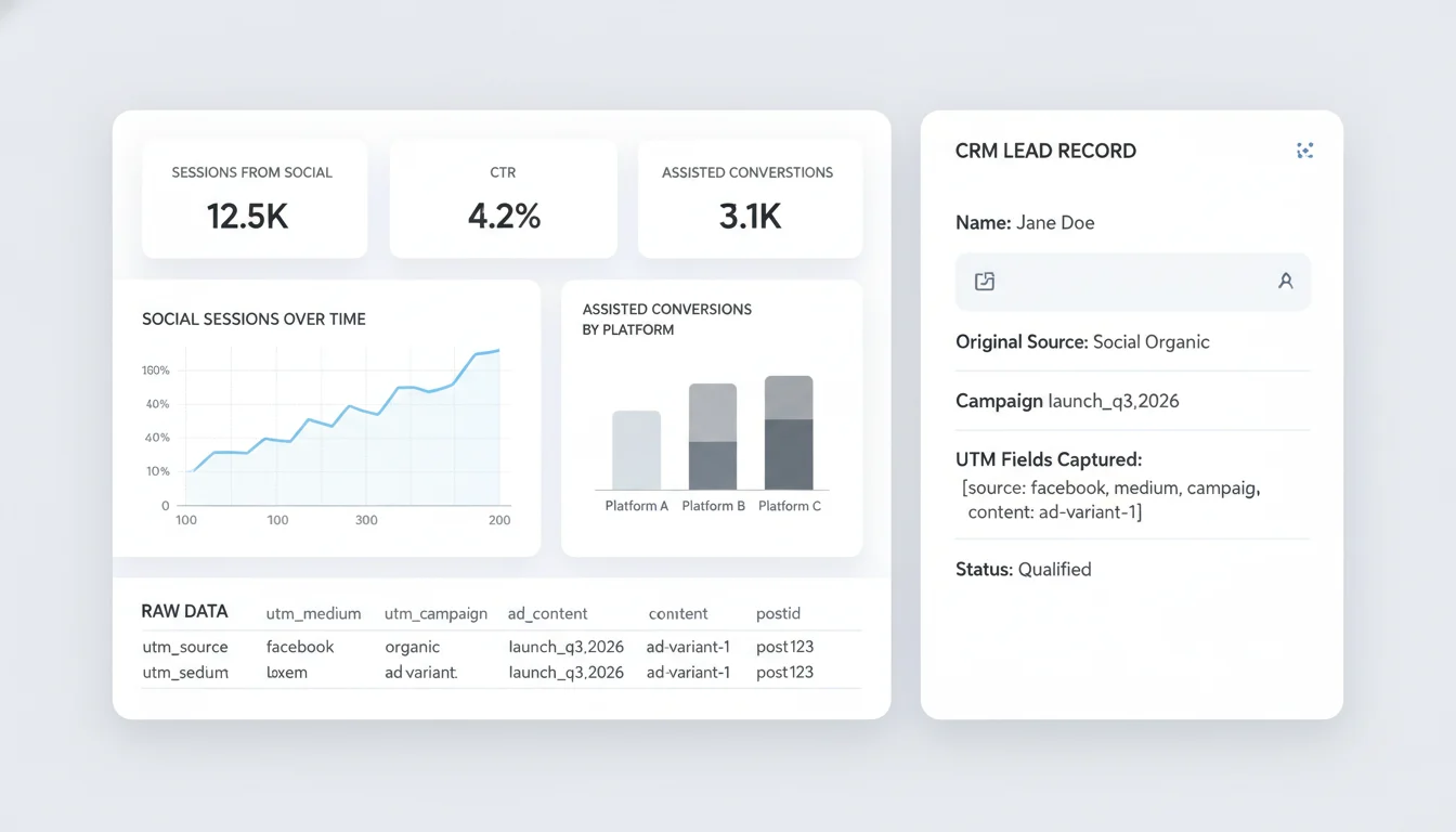 Attribution dashboard showing social sessions over time, assisted conversions by platform, and a CRM lead record with captured UTM parameters and campaign name.