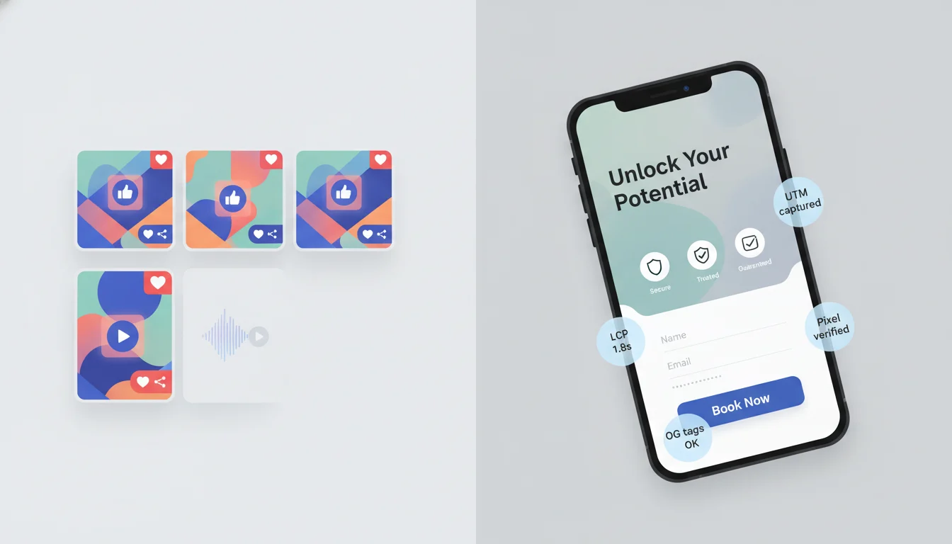 Side-by-side view with a generic social post preview on the left and a mobile WordPress landing page on the right showing LCP 1.8s, sticky CTA, OG tags OK, and UTM captured.