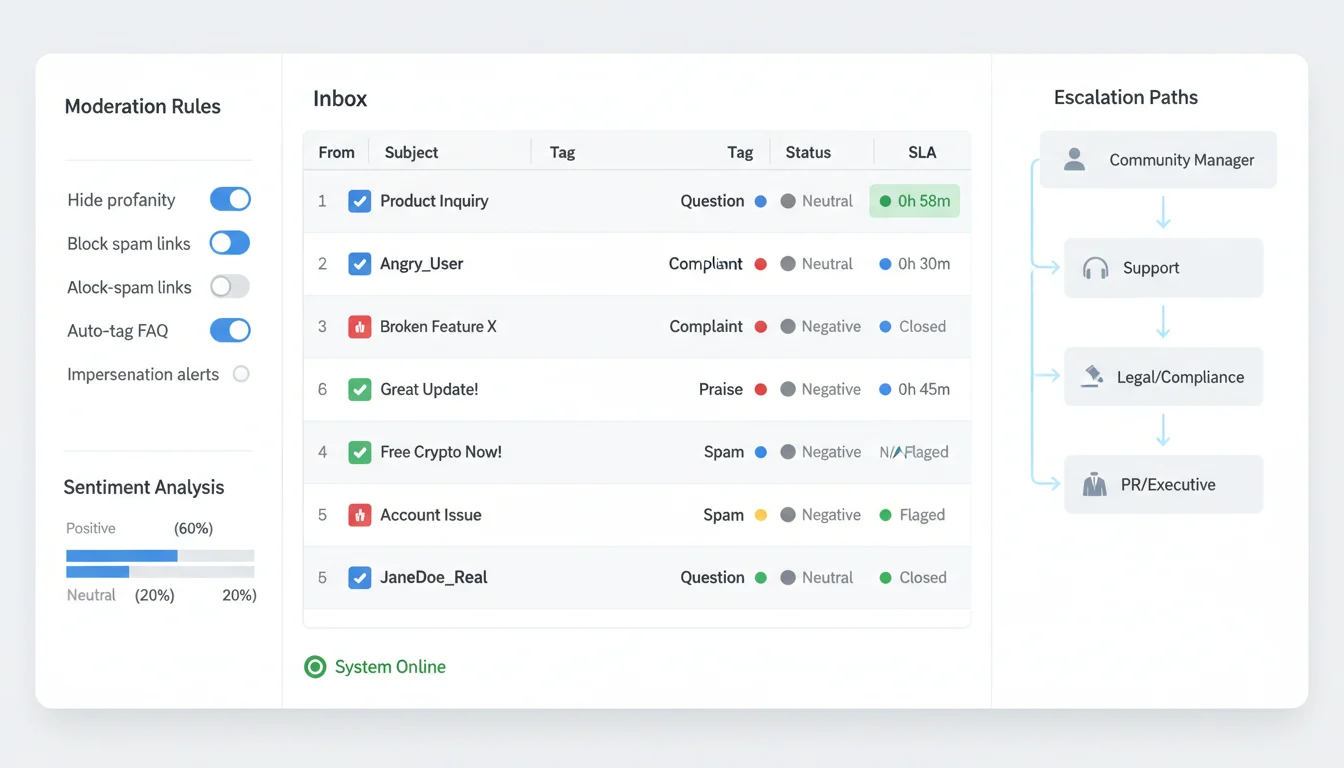 Community management dashboard showing message triage with tags, 2-hour priority SLA timer, escalation lanes to Support and Legal, and moderation filters for spam and profanity.
