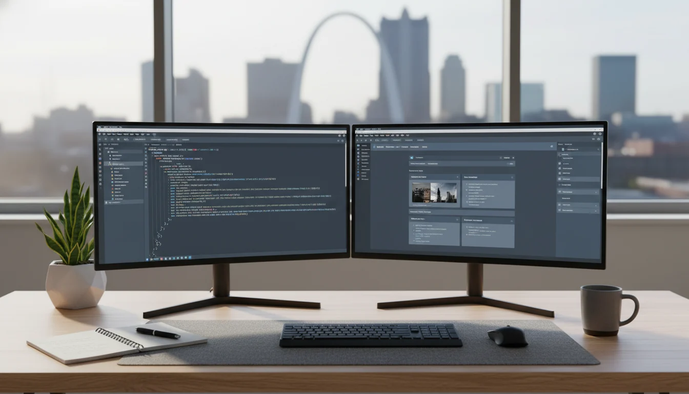 Developer workstation with a code editor and a generic block‑based CMS preview on dual monitors in a modern St. Louis office.