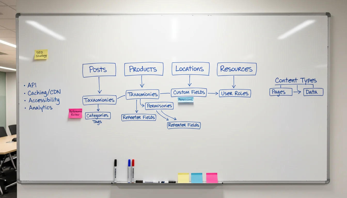 Whiteboard diagram of a WordPress content model with custom post types, taxonomies, fields, user roles, and integration arrows.