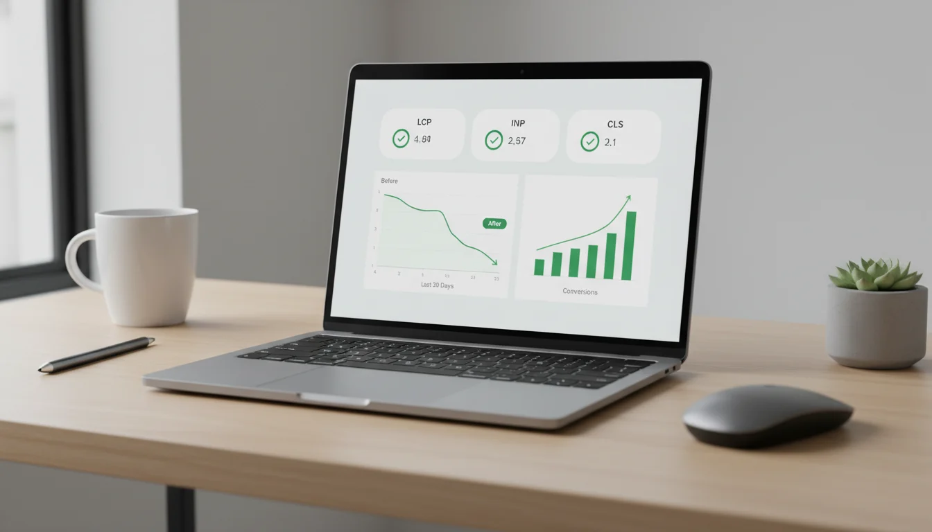 Performance dashboard on a laptop showing Core Web Vitals in the green and upward conversion trends.