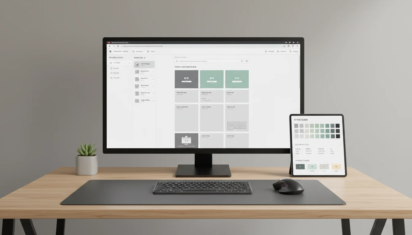 Desktop monitor displaying a generic block editor with reusable page sections and a style guide of colors and typography.