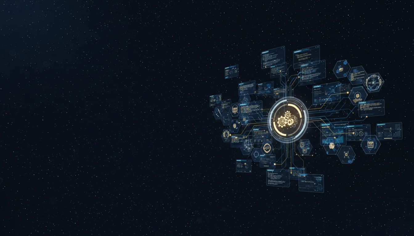 Software Company header image - Futuristic ‘Software Company’ command-center interface floating in a dark, starry digital space, no physical m