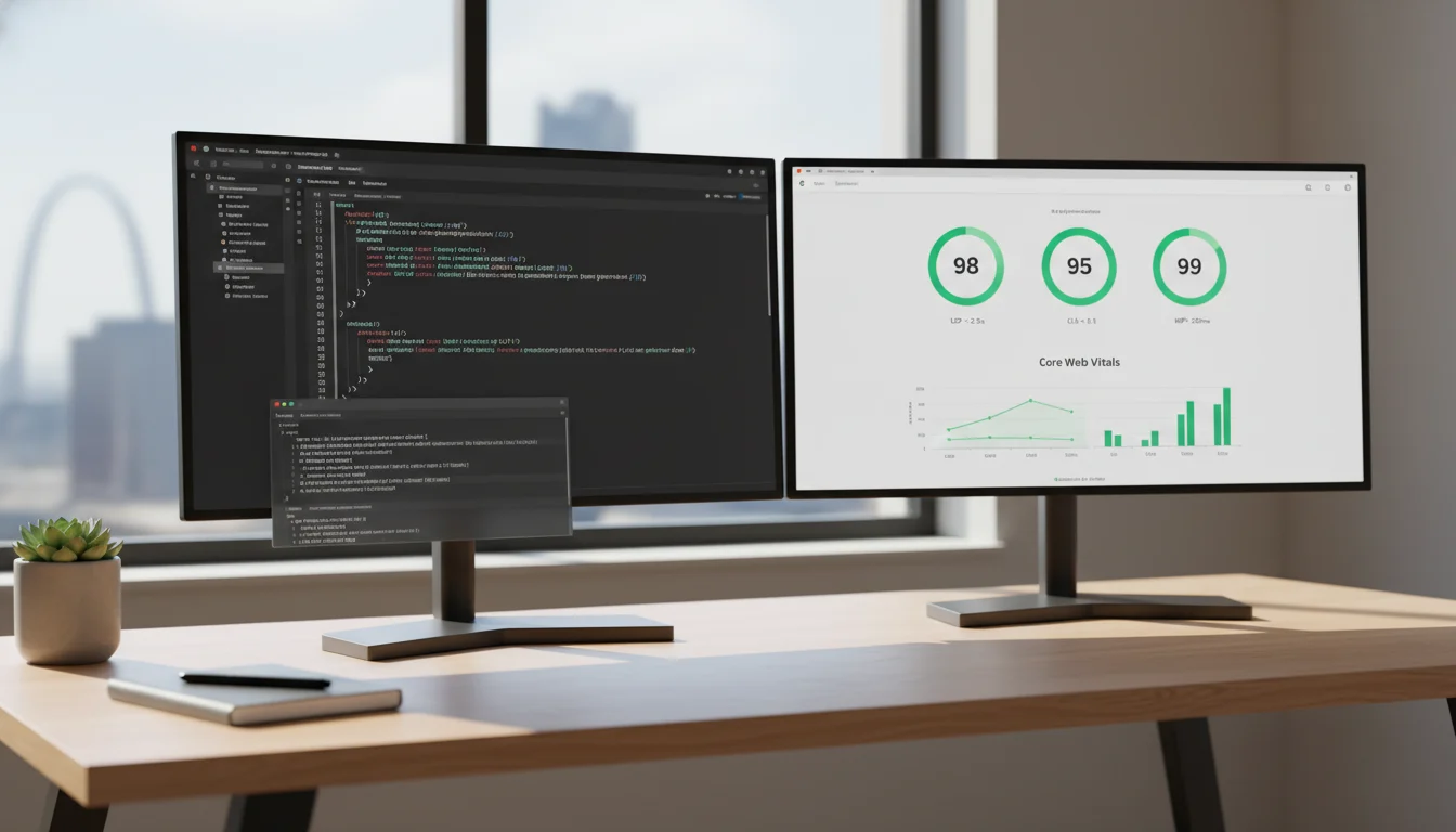 Dual‑monitor developer workspace showing hand‑coded theme files and a performance dashboard with green Lighthouse and Core Web Vitals scores.