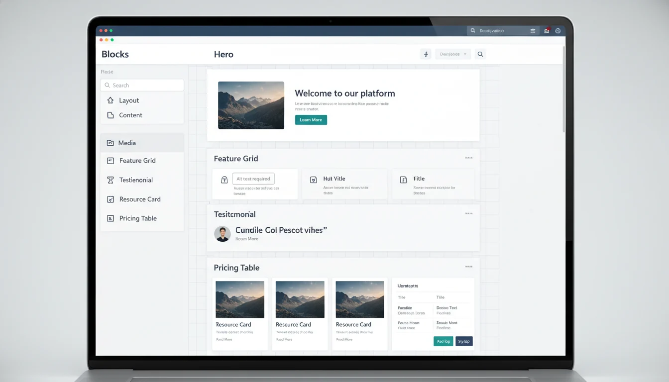 Block editor interface with a custom library of reusable blocks and patterns, including Hero, Feature Grid, Testimonial, Resource Card, and Pricing Table.