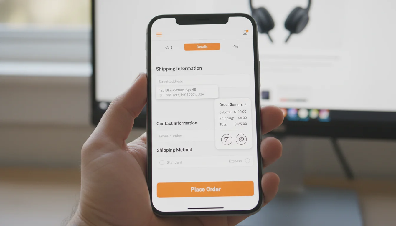 Mobile checkout screen with a single‑page form, progress steps, address autocomplete, order summary, and a clear Place Order button.