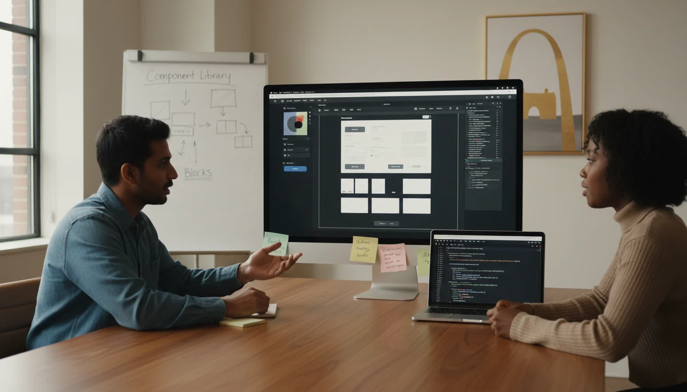 Designer and developer reviewing a website mock and code together, with a component library displayed on a large screen in a modern meeting room.