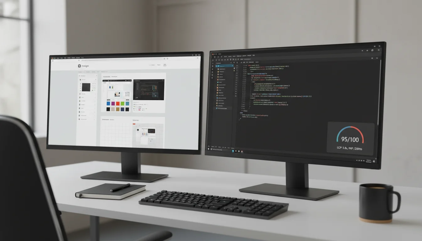 Dual monitors showing a website design mockup and custom WordPress theme code side by side, with a small performance preview panel, representing STL CodeScape’s hand‑coded builds.