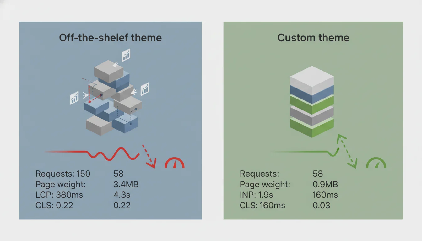 Split graphic comparing an off‑the‑shelf theme (150 requests, 4.3s LCP, 380ms INP, 0.22 CLS, 3.4MB) to a custom theme (58 requests, 1.9s LCP, 160ms INP, 0.03 CLS, 0.9MB).