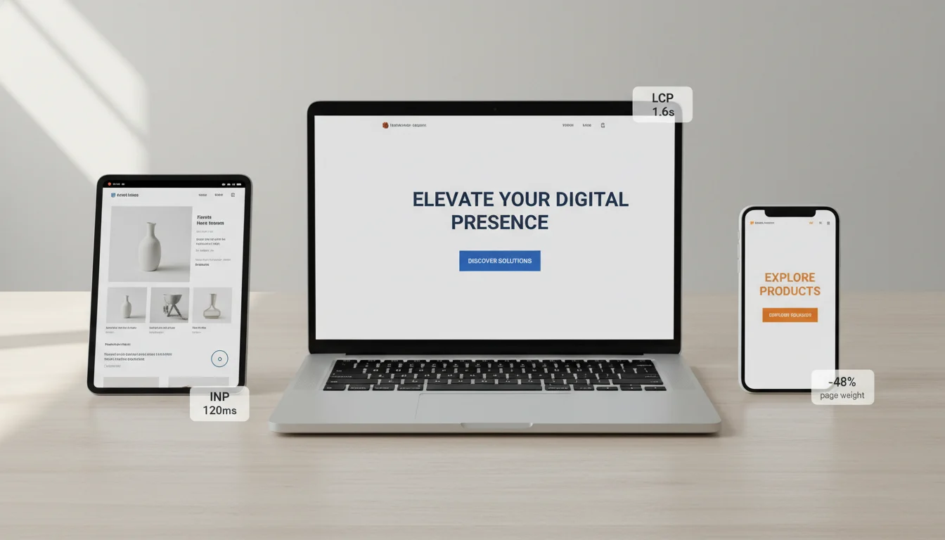 Laptop, tablet, and phone mockups showing a marketing homepage, a product page, and a brand variant, with overlay badges: LCP 1.6s, INP 120ms, and −48% page weight.