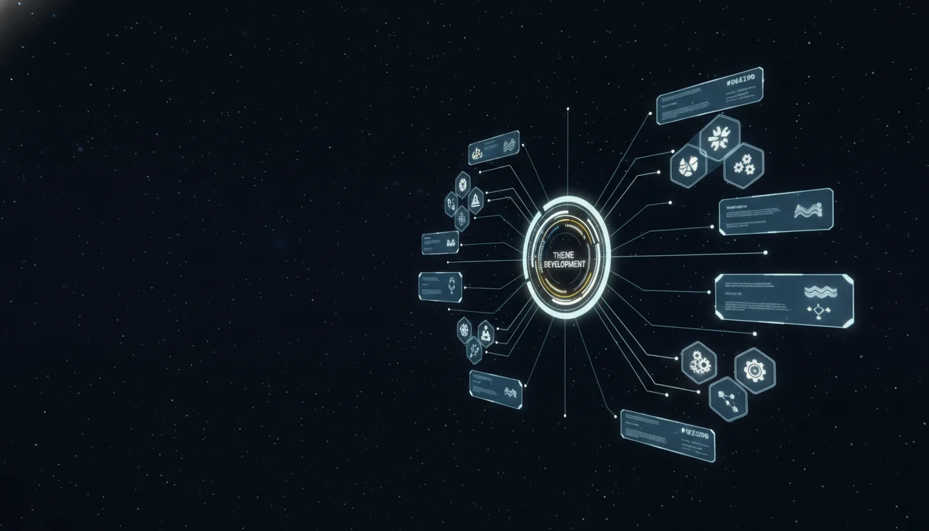 Theme Development header image - Futuristic ‘Theme Development’ command-center interface floating in a dark, starry digital space, no physical