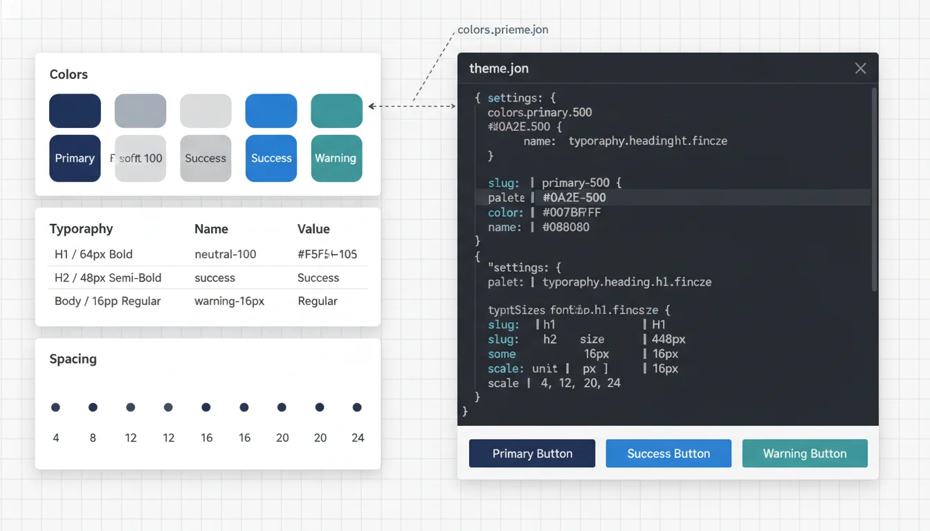 Figma design tokens for color, typography, and spacing on the left mapped to a theme.json code snippet on the right for a custom WordPress block theme.