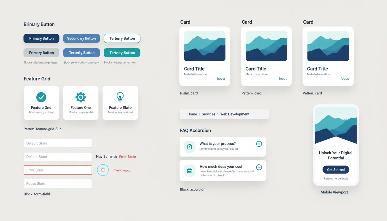 Grid of reusable website components—buttons, cards, FAQs, forms with focus and error states—labeled as Gutenberg patterns and block styles.