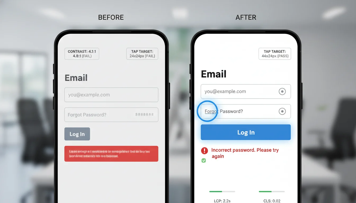 Side-by-side mobile form before-and-after showing improved contrast, 44×44 tap targets, and visible focus states with small Web Vitals indicators.