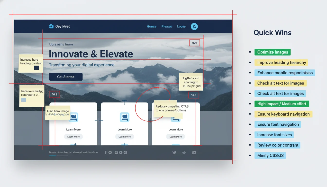 Annotated homepage mockup with redline measurements and callouts for contrast, CTA clarity, and image optimization alongside a Quick Wins checklist.