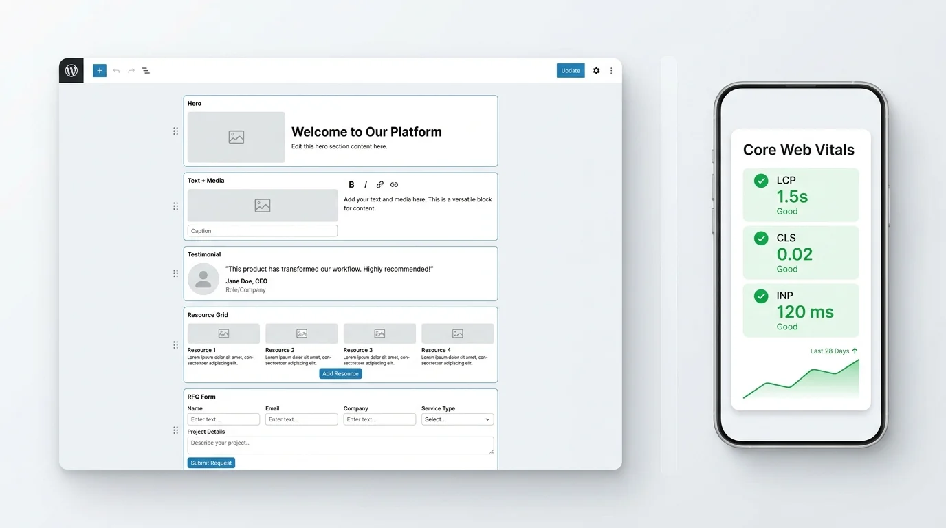 Custom WordPress‑style block editor with branded content blocks next to a mobile Core Web Vitals panel showing LCP 1.5s, CLS 0.02, and INP 120 ms.