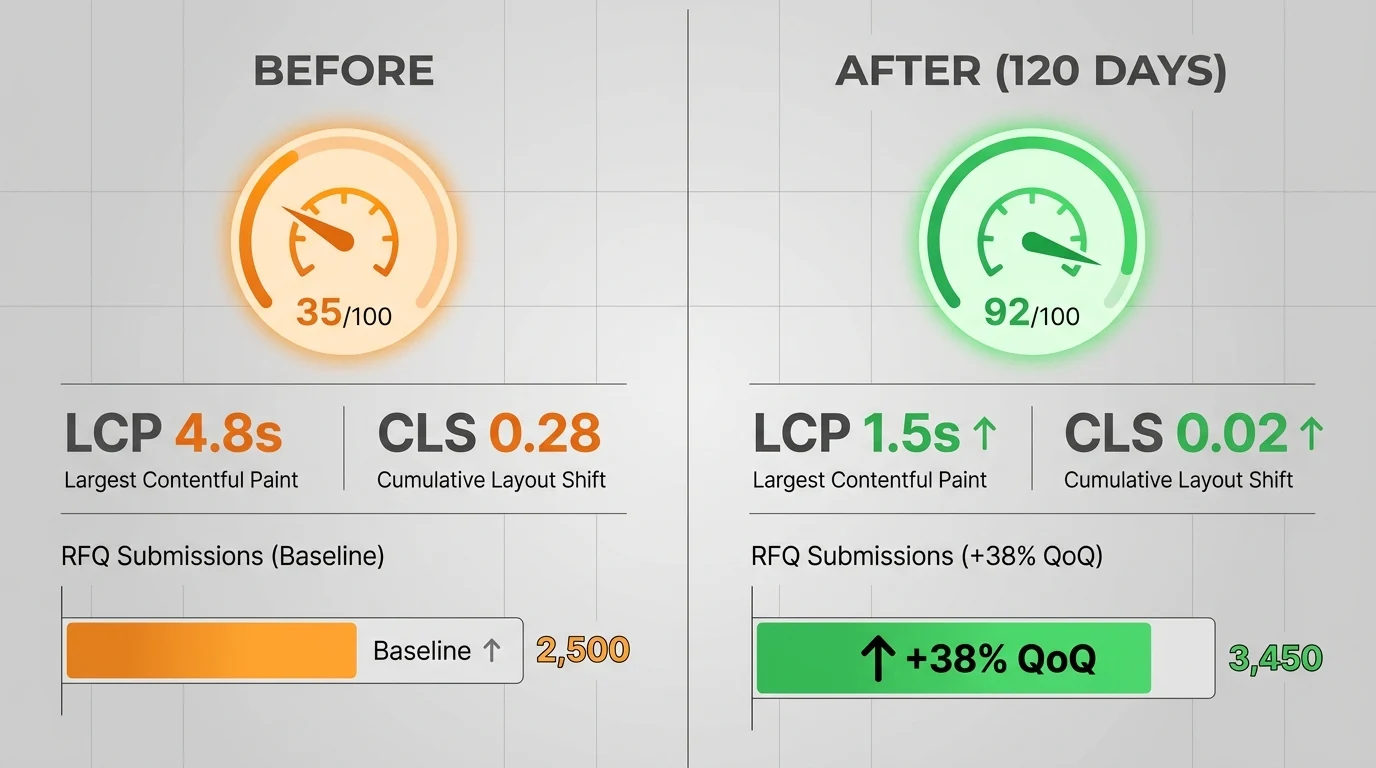 Before/after dashboard panels: LCP improves from 4.8s (orange) to 1.5s (green) with RFQ submissions up 38% quarter over quarter.
