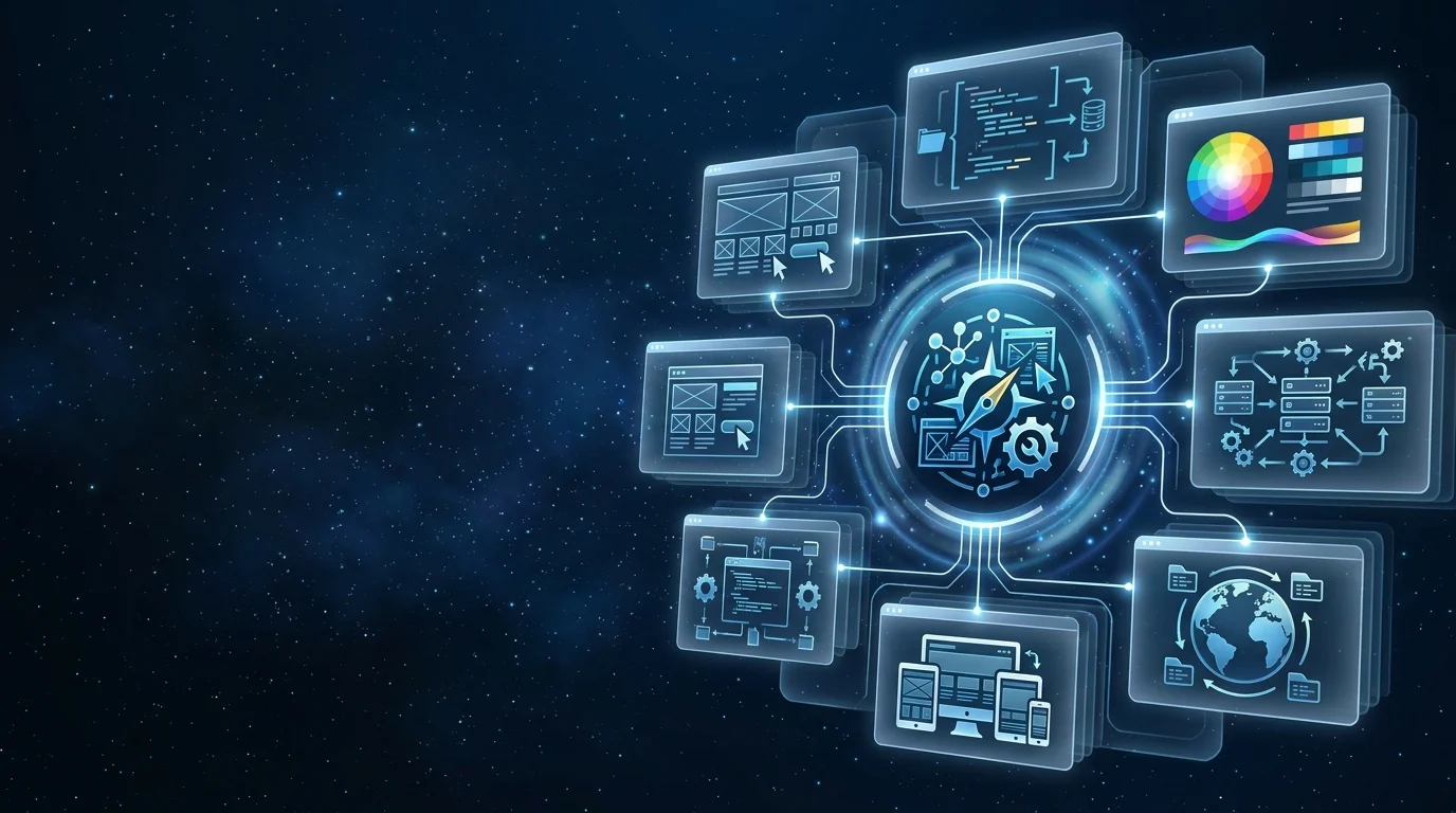 Web Design and Website Development header image - Futuristic ‘Web Design and Website Development’ command-center interface floating in a dark, starry digital sp