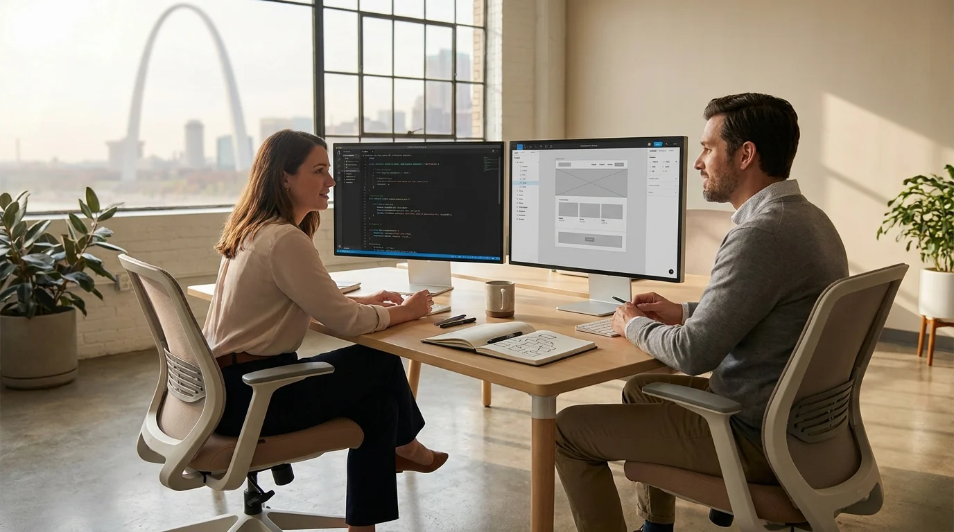 St. Louis web developer reviewing custom WordPress code and Figma-style wireframes in a studio with the Gateway Arch visible through the window.