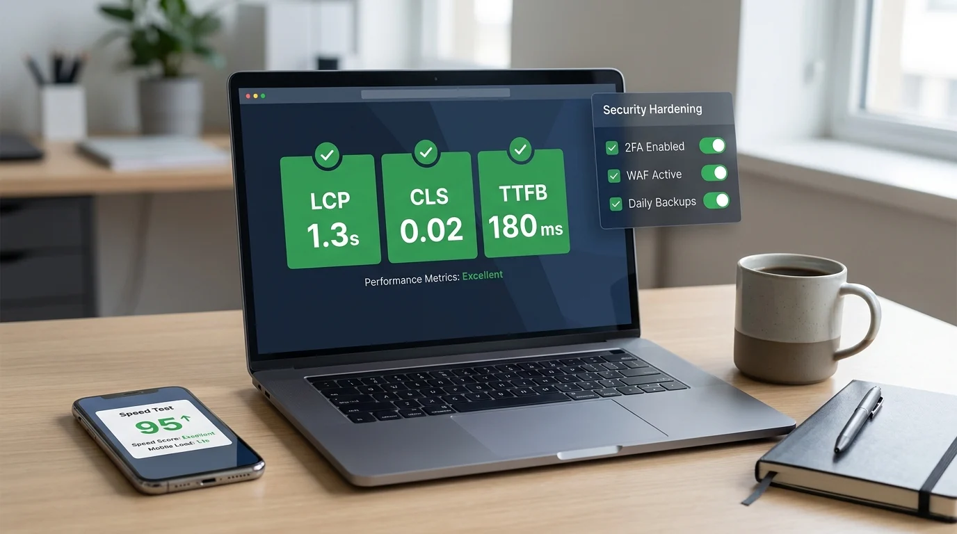 Laptop displaying a generic Core Web Vitals dashboard with green checks for LCP 1.3s, CLS 0.02, and TTFB 180 ms next to a phone showing a mobile speed test.
