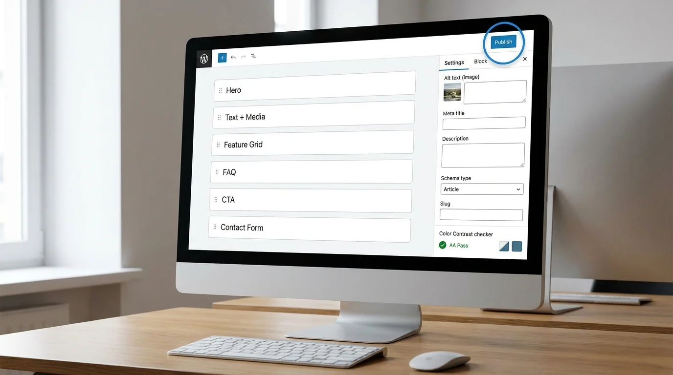 Custom WordPress-style editor with reusable blocks, alt-text and metadata fields, and a visible keyboard focus outline around the selected button.