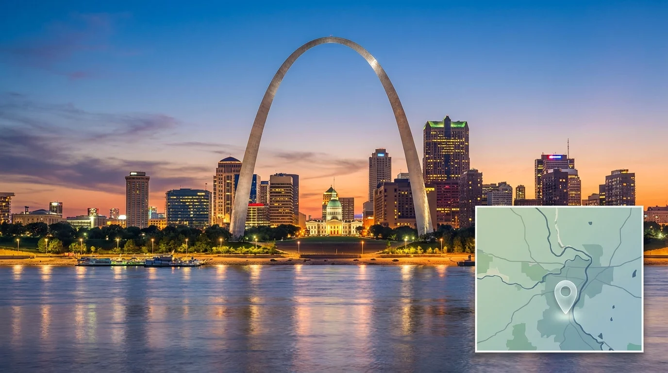 St. Louis Gateway Arch and skyline at dusk with a subtle map pin highlighting Arnold, Missouri as the service location.