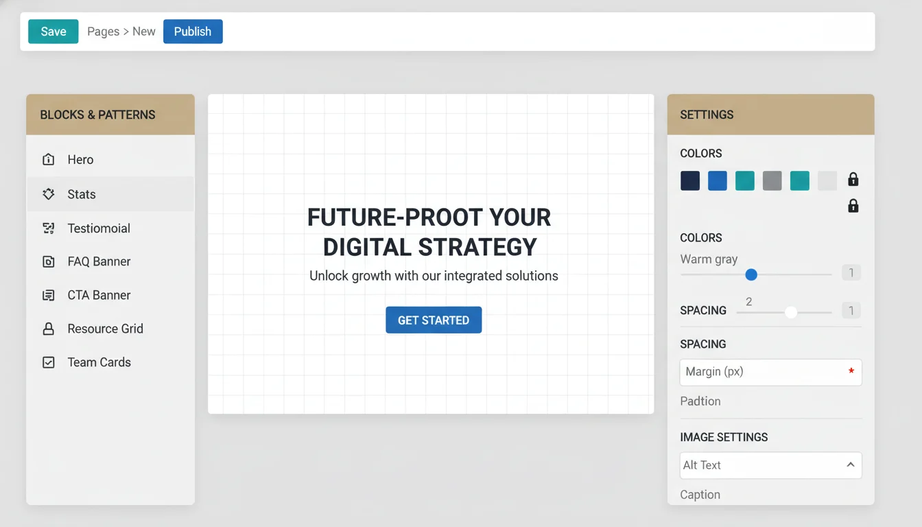 WordPress block editor interface showing a custom block and pattern library (Hero, Stats, FAQ, CTA, Resource Grid) with guided fields and locked spacing and color controls