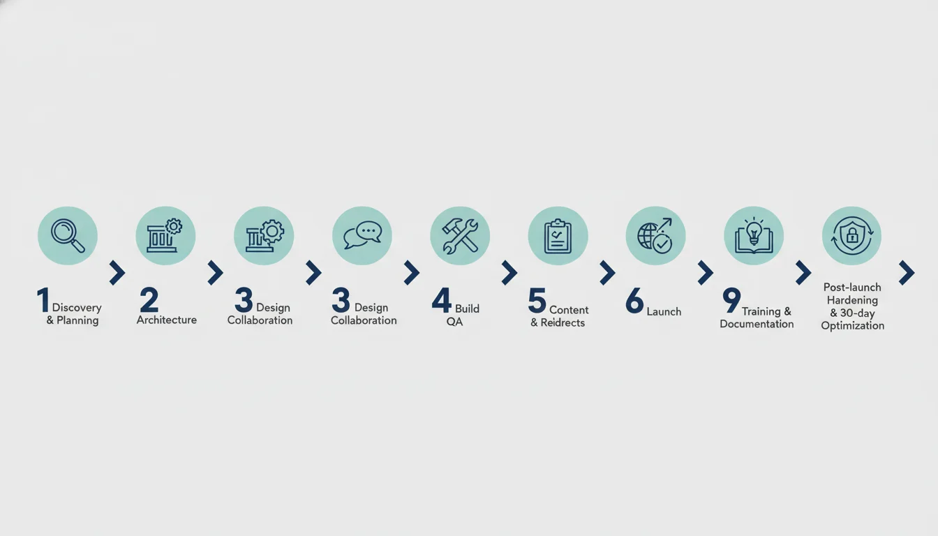 Nine-step WordPress project timeline diagram from discovery to post‑launch optimization with icons and concise labels