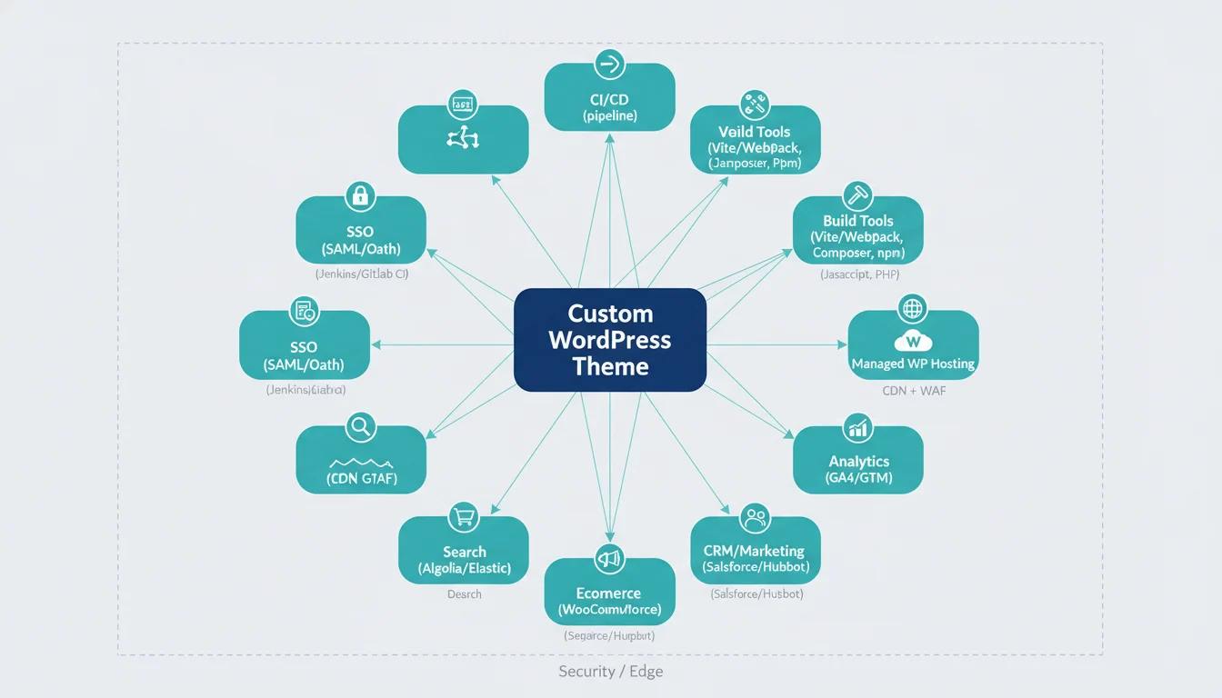 Architecture diagram with Custom WordPress Theme at the center connected to CI/CD, Managed WP Hosting, CDN + WAF, Analytics, CRM/Marketing, Ecommerce, Search, and SSO