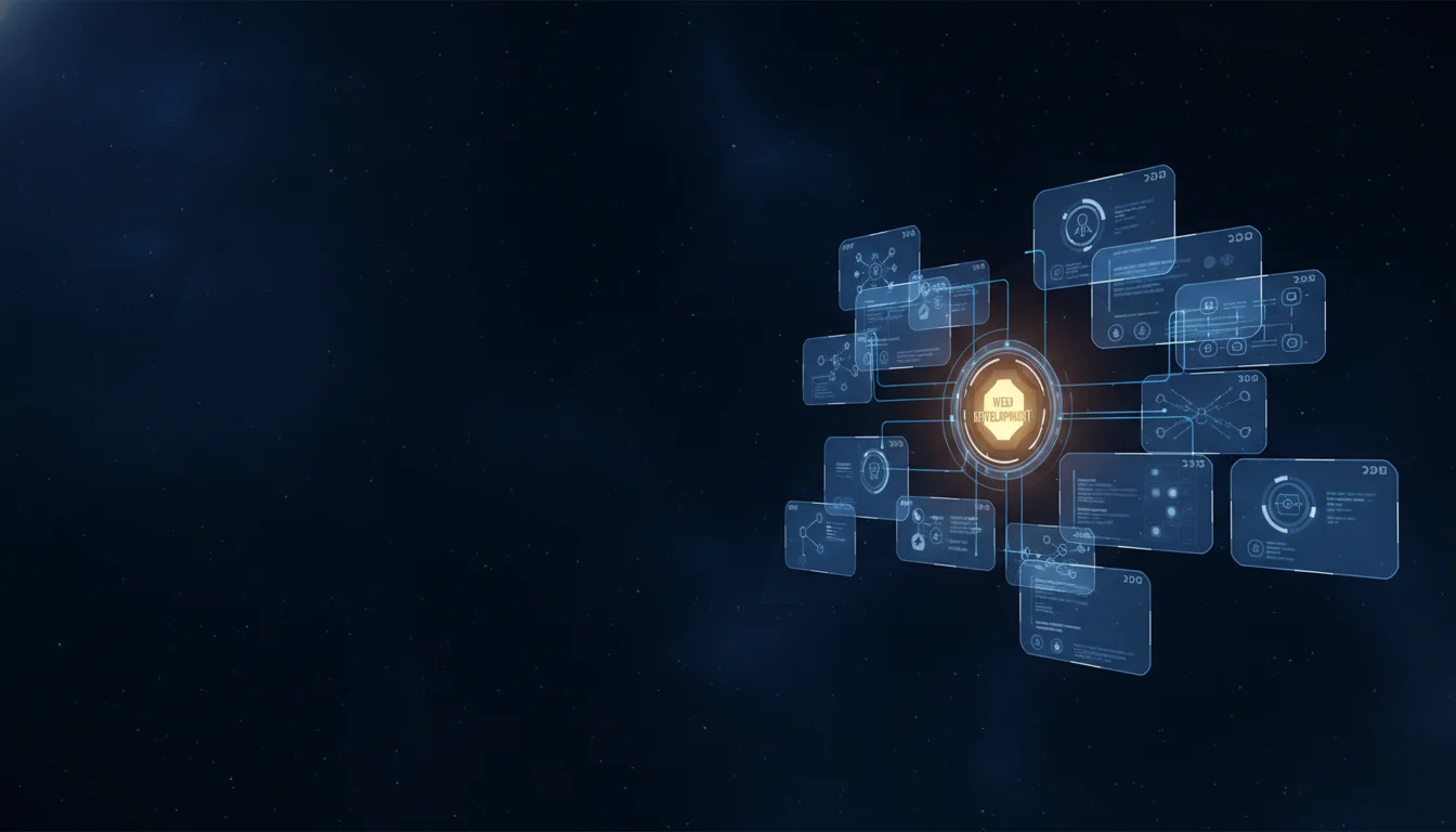 Web Development header image - Futuristic ‘Web Development’ command-center interface floating in a dark, starry digital space, no physical mo