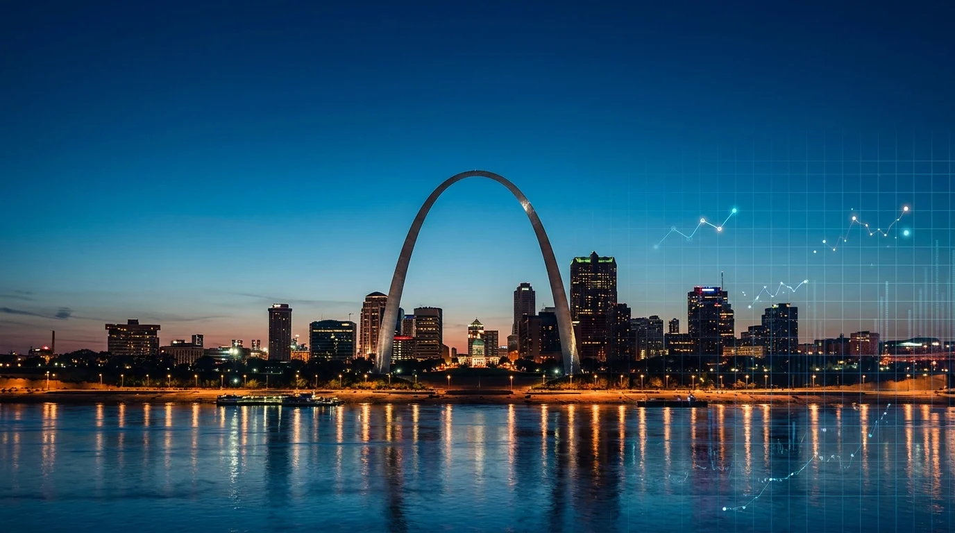 St. Louis skyline with the Gateway Arch at dusk reflected in the Mississippi River, suggesting local, performance-focused managed WordPress hosting.