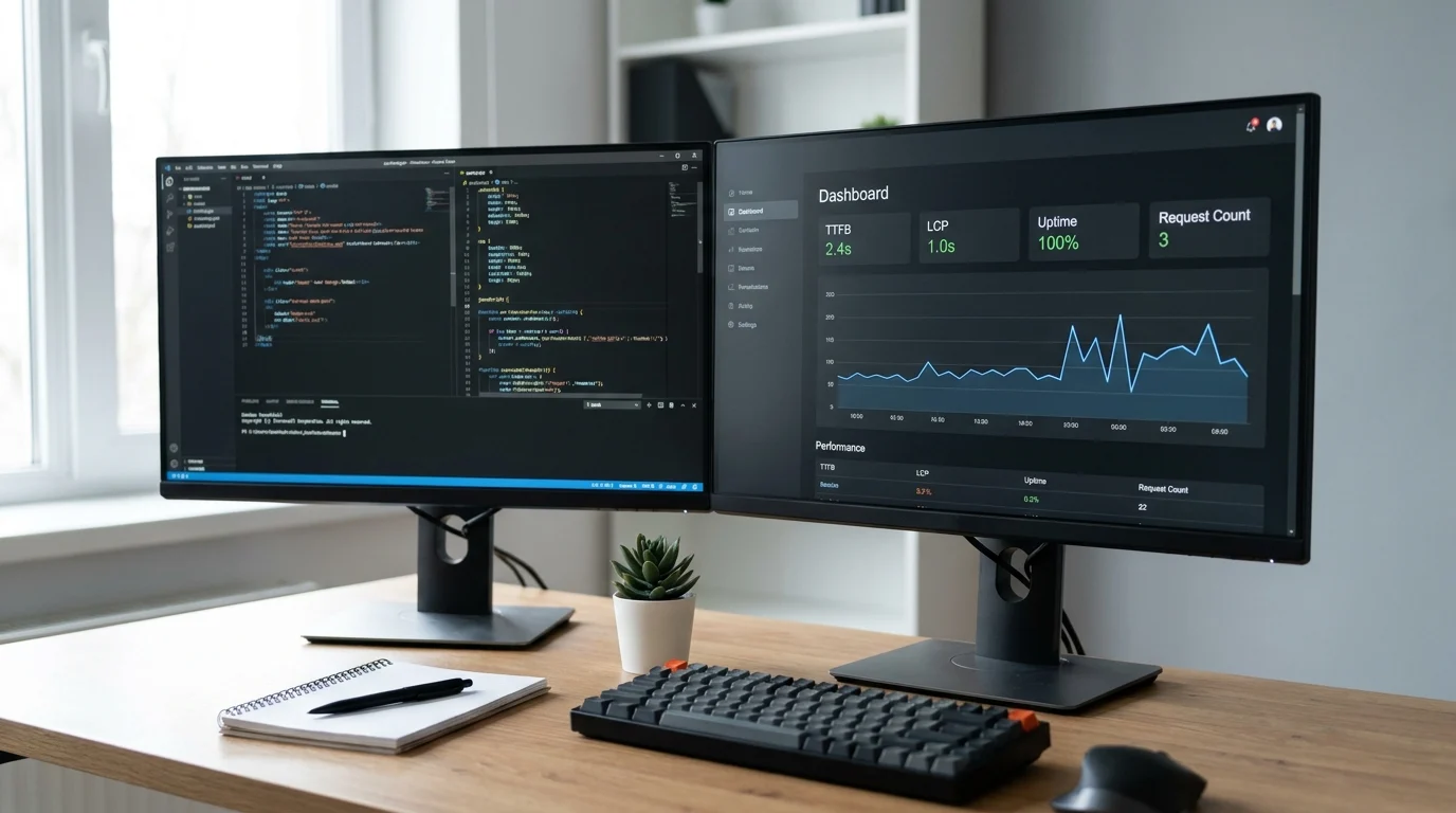 Dual-monitor developer desk with code on one screen and a generic performance dashboard showing charts for TTFB, LCP, and uptime on the other.