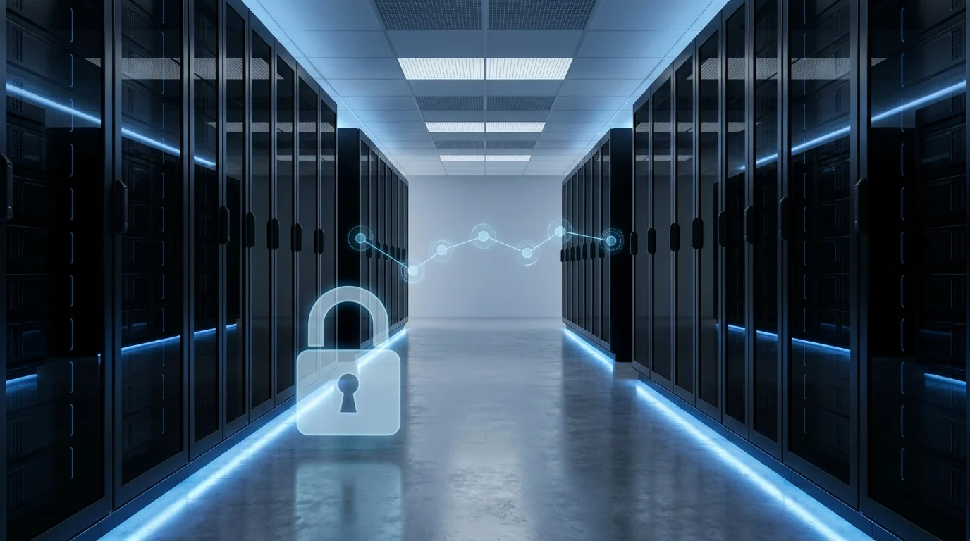 Blue-lit server room corridor with server racks and a subtle translucent lock icon and backup timeline overlay to represent security hardening and tested backups.