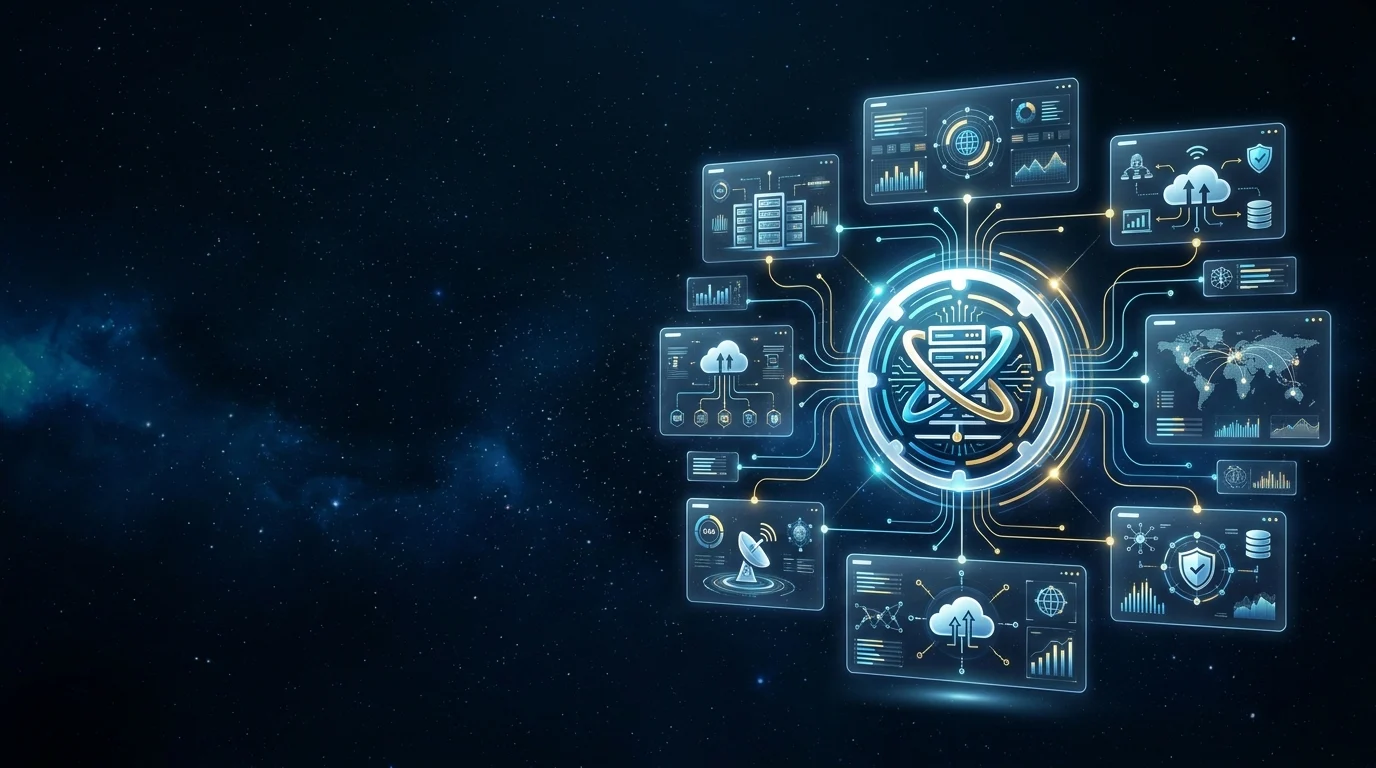 Web Hosting Company header image - Futuristic ‘Web Hosting Company’ command-center interface floating in a dark, starry digital space, no physica