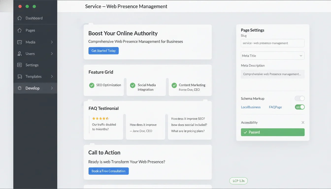Generic CMS page editor with custom blocks for a service page, including hero, feature grid, testimonials, FAQs, and schema and accessibility settings.