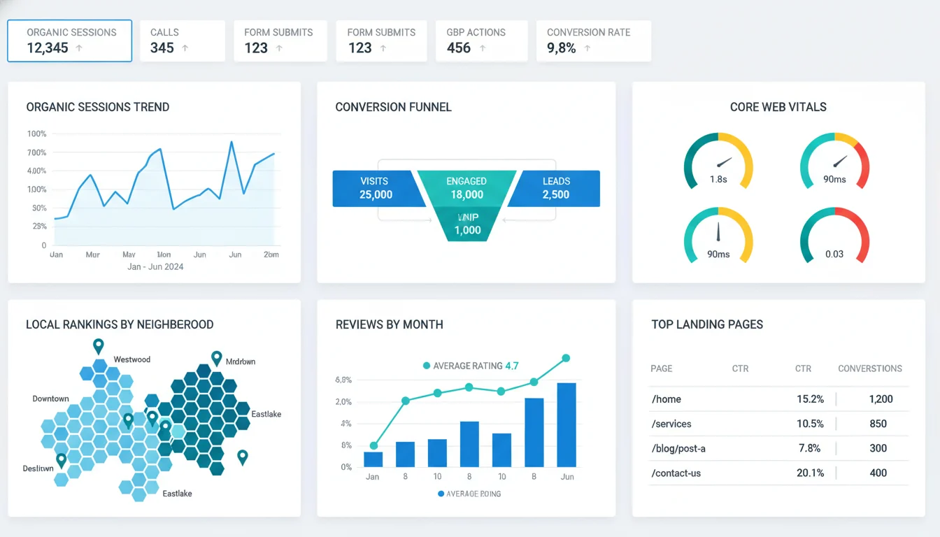 Analytics dashboard with KPI tiles for calls and form submissions, a line chart of organic traffic, a geo-grid heatmap for local rankings, Core Web Vitals gauges, and a bar chart of review volume and rating.