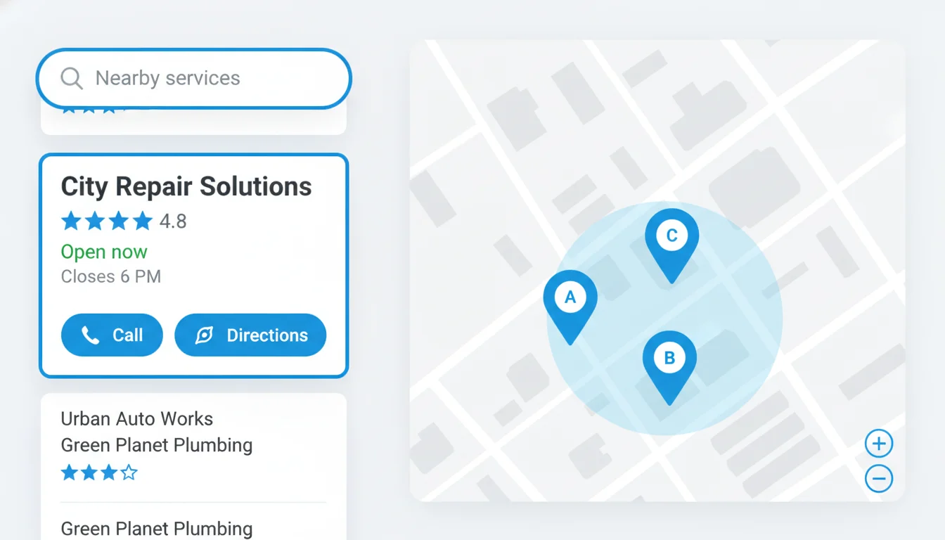 Generic local search results with a prominent business card featuring call and directions buttons next to a map with location pins.