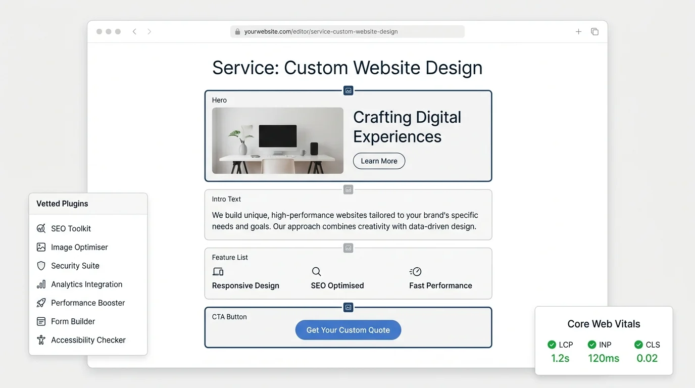 Editor view of a custom block-based page with a minimal plugin stack and passing Core Web Vitals.