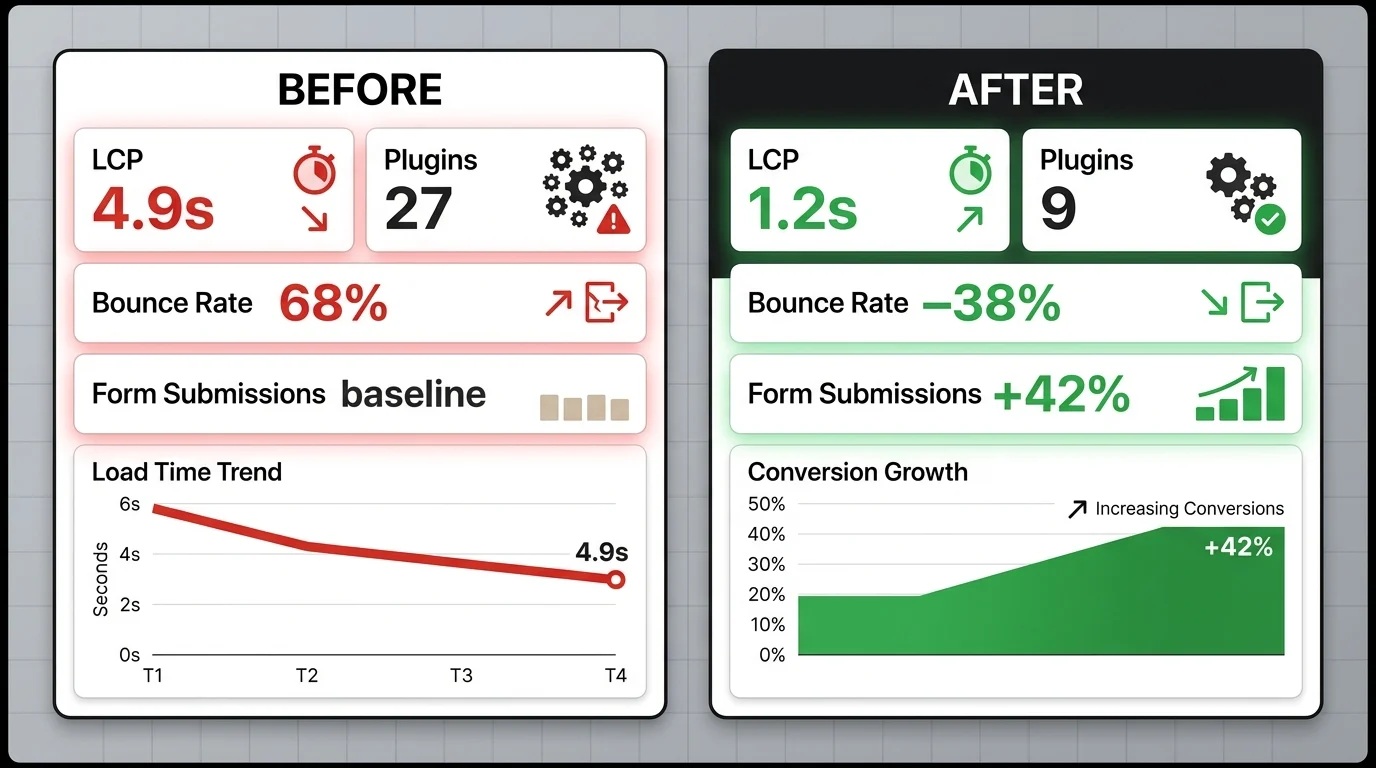 Before-and-after dashboard showing improved Core Web Vitals, fewer plugins, lower bounce rate, and higher form submissions after a custom rebuild.
