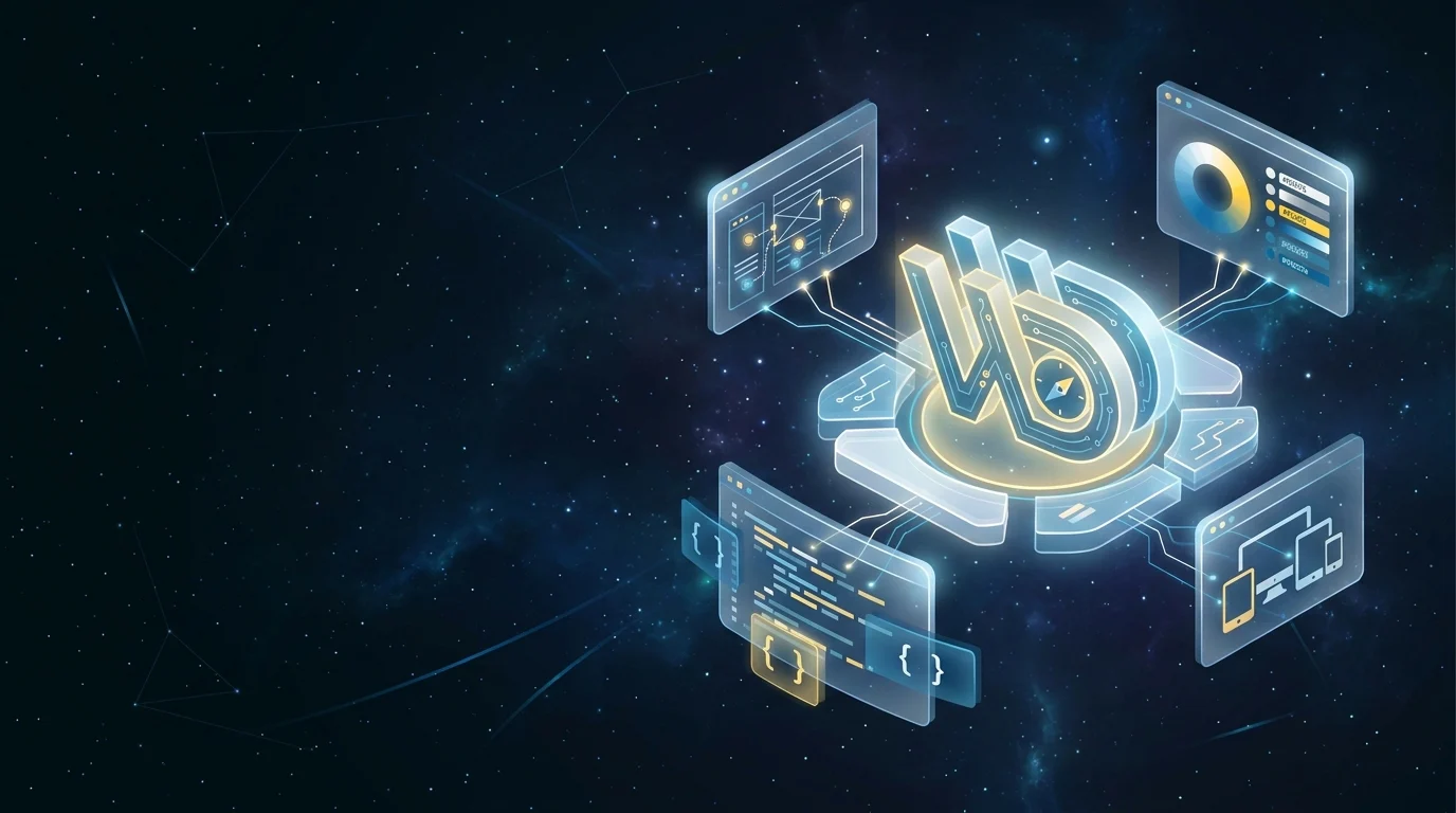 Website Designer header image - Futuristic ‘Website Designer’ command-center interface floating in a dark, starry digital space, no physical m