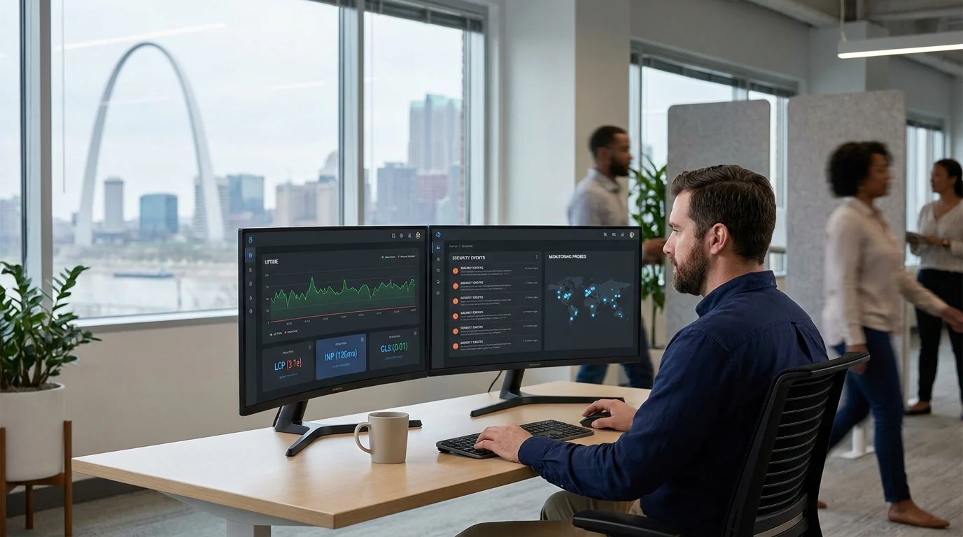 STL CodeScape engineer monitors WordPress uptime, Core Web Vitals, and security dashboards in a St. Louis office with the Gateway Arch faintly visible.