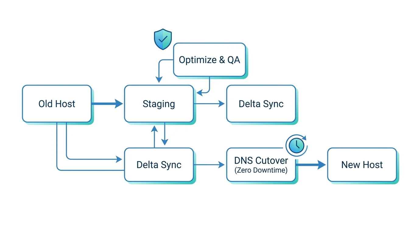 Process diagram for zero‑downtime migration: Old Host → Staging → Optimize & QA → Delta Sync → DNS Cutover (Zero Downtime) → New Host.