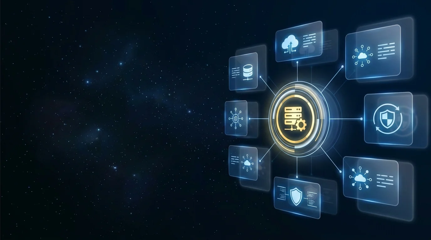 Website Hosting and Maintenance header image - Futuristic ‘Website Hosting and Maintenance’ command-center interface floating in a dark, starry digital space