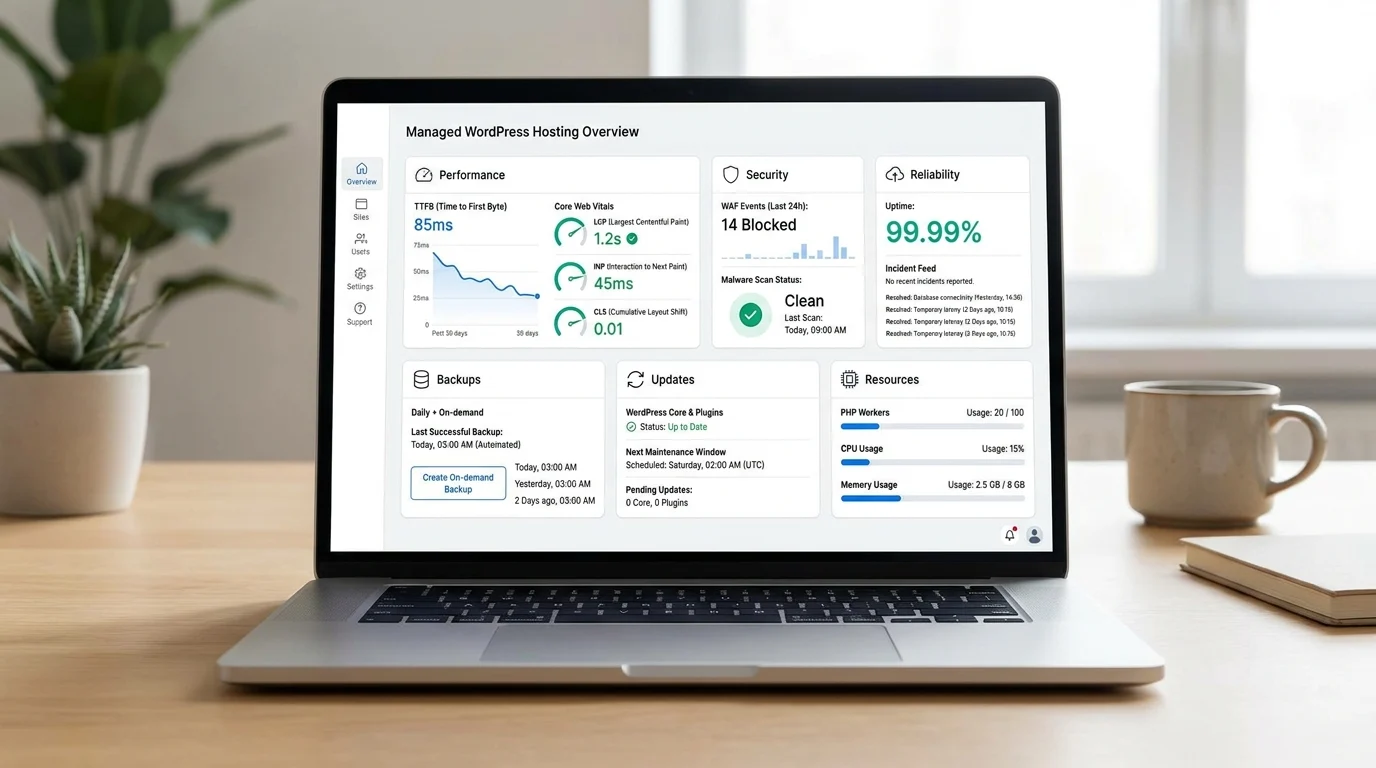 WordPress hosting dashboard showing uptime, Core Web Vitals, server resources, backups, and update status for a managed site.