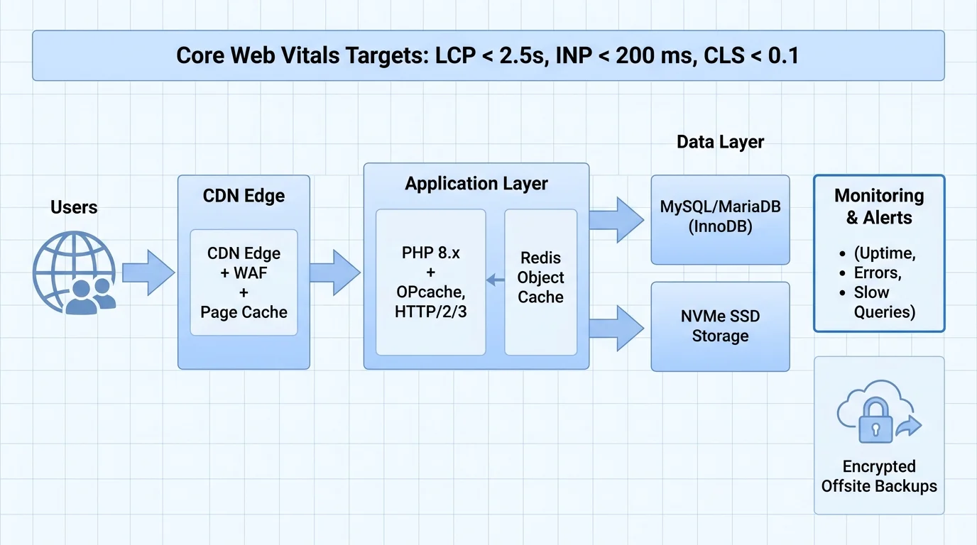 Diagram of WordPress performance architecture from users to CDN edge with WAF and caching, to PHP app servers with Redis object cache, to database and NVMe storage, with monitoring and offsite backups.