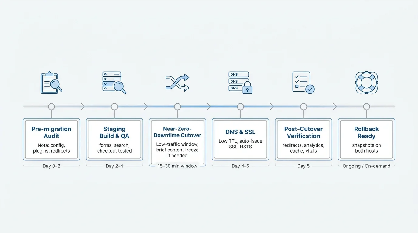 White‑glove WordPress migration timeline showing steps: pre‑migration audit, staging build and QA, near‑zero‑downtime cutover, DNS and SSL, post‑cutover verification, and rollback ready.