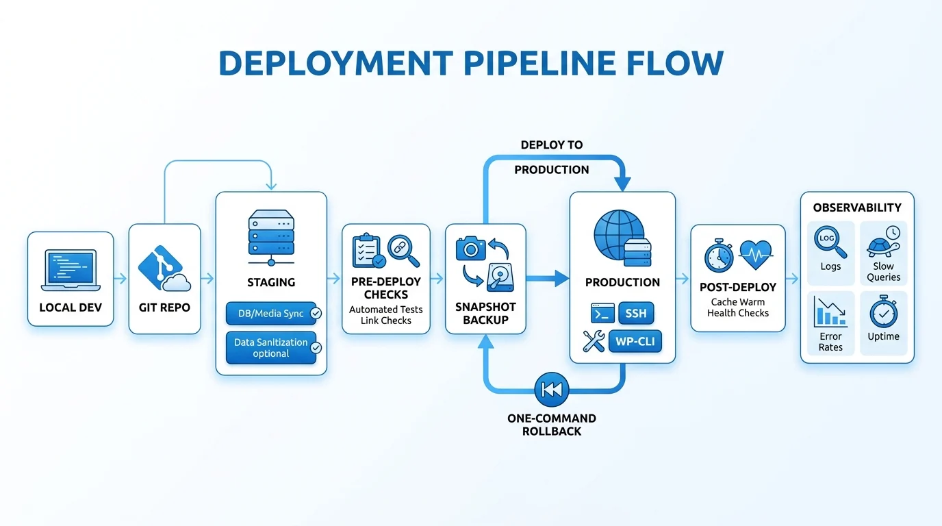 Developer workflow diagram showing Git to staging to pre‑deploy checks and snapshot, then one‑command deploy to production with logs, monitoring, and rollback for WordPress.