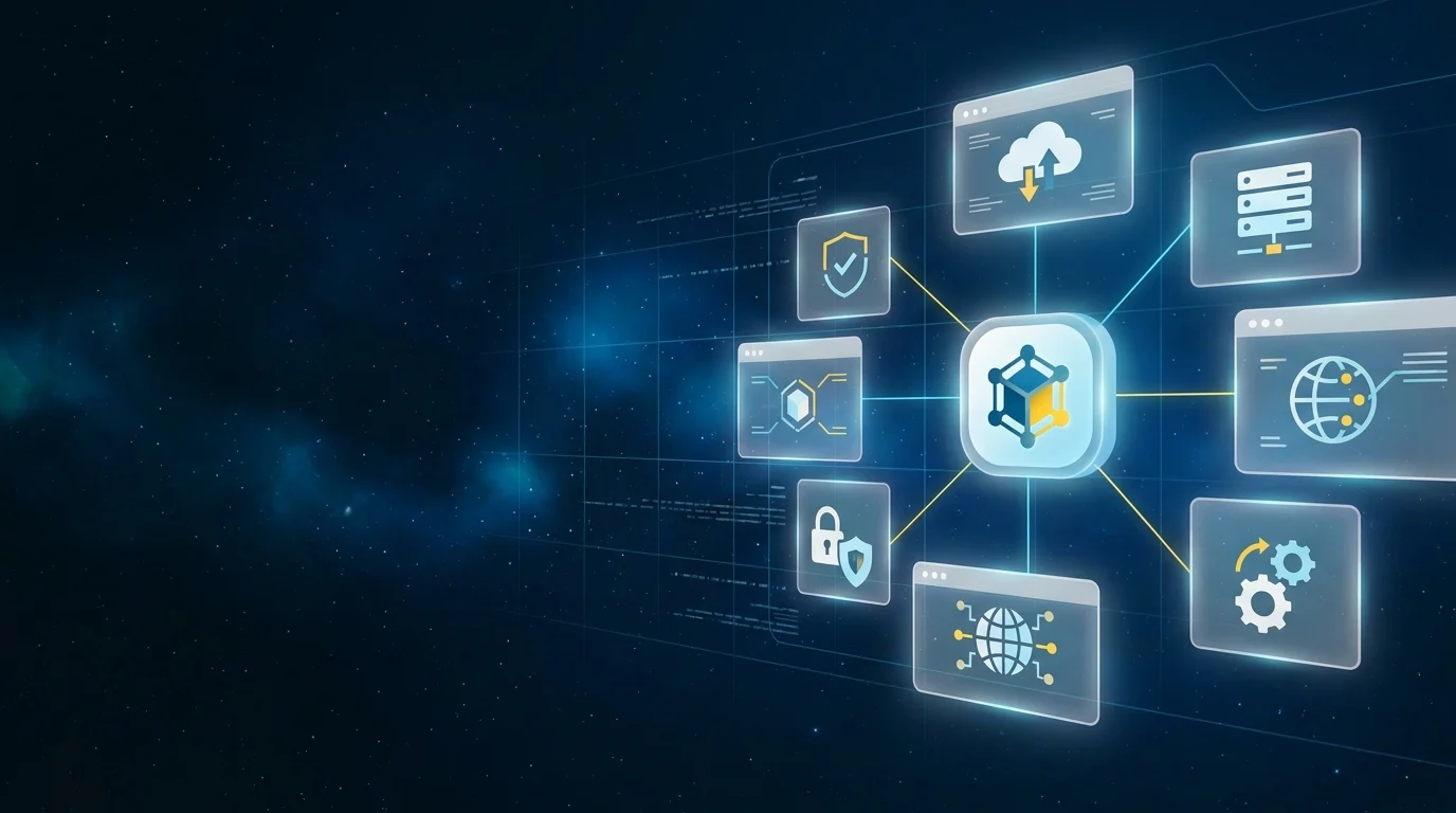 Website Hosting header image - Futuristic ‘Website Hosting’ command-center interface floating in a dark, starry digital space, no physical mo